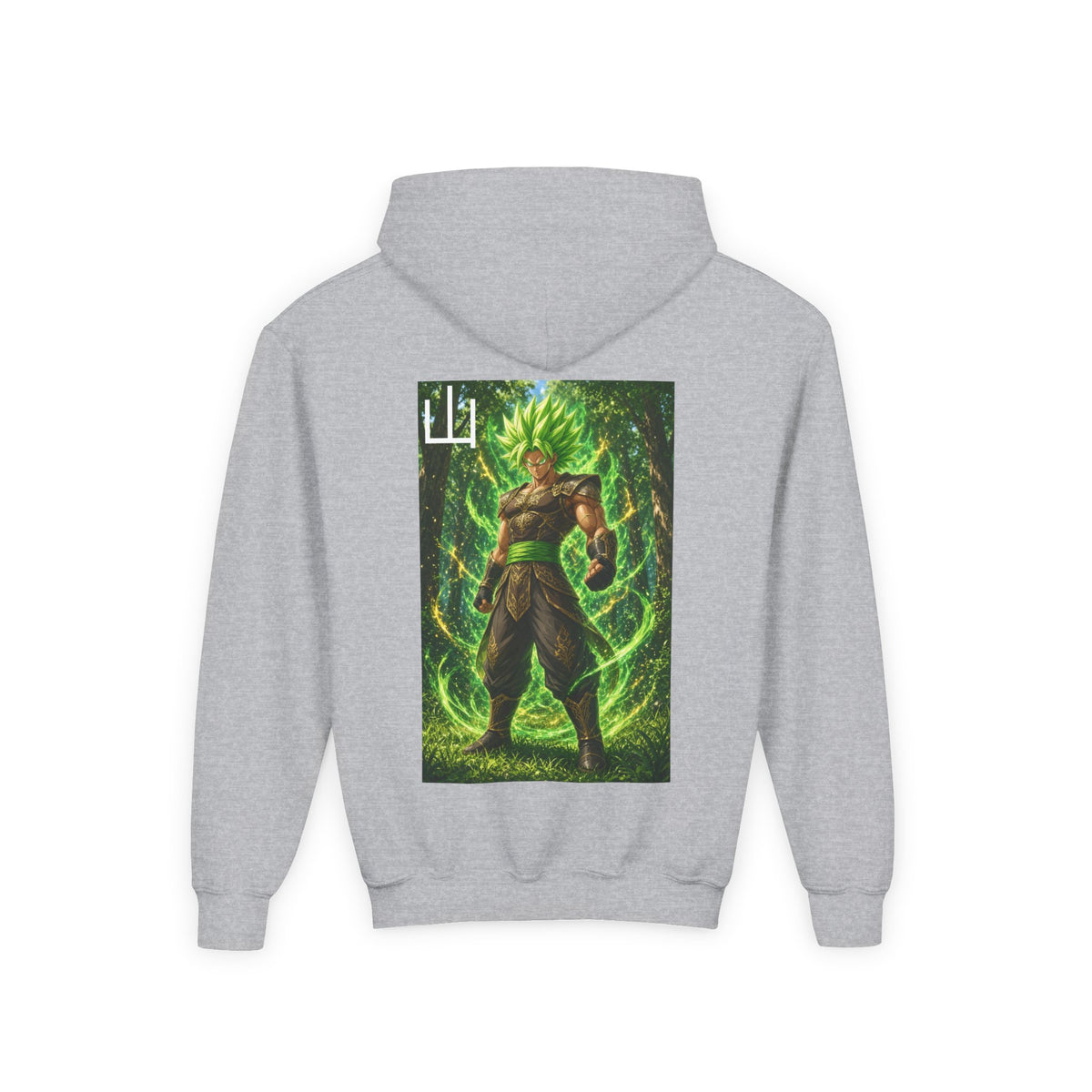 Deep Forest Warrior Hoodie, Mountain Kanji Anime Kids Pullover, Front Minimal Chest Text Back Print Elemental Graphic Youth Sweatshirt