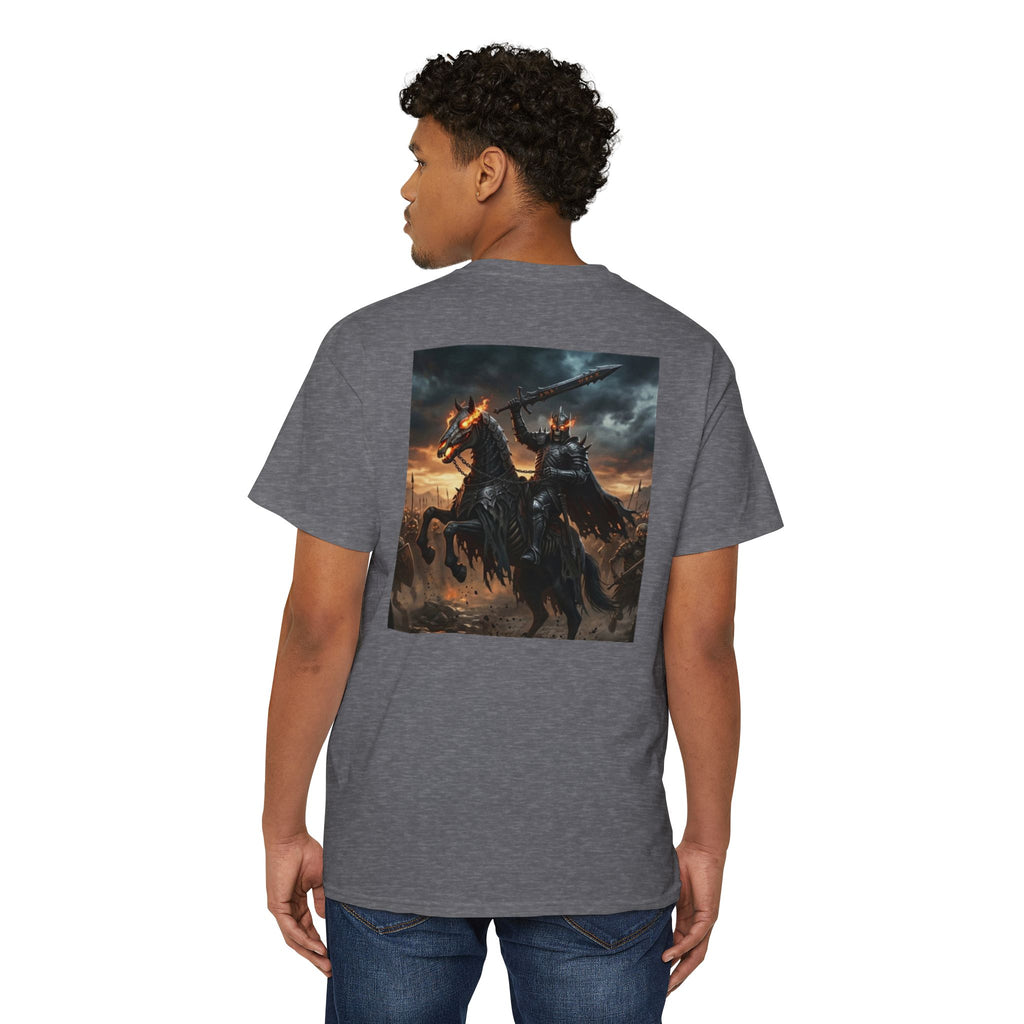Front Pocket Emblem T-Shirt, Full Color Back Print Dark Knight Tee, Double Sided Medieval Undead Warrior Apparel