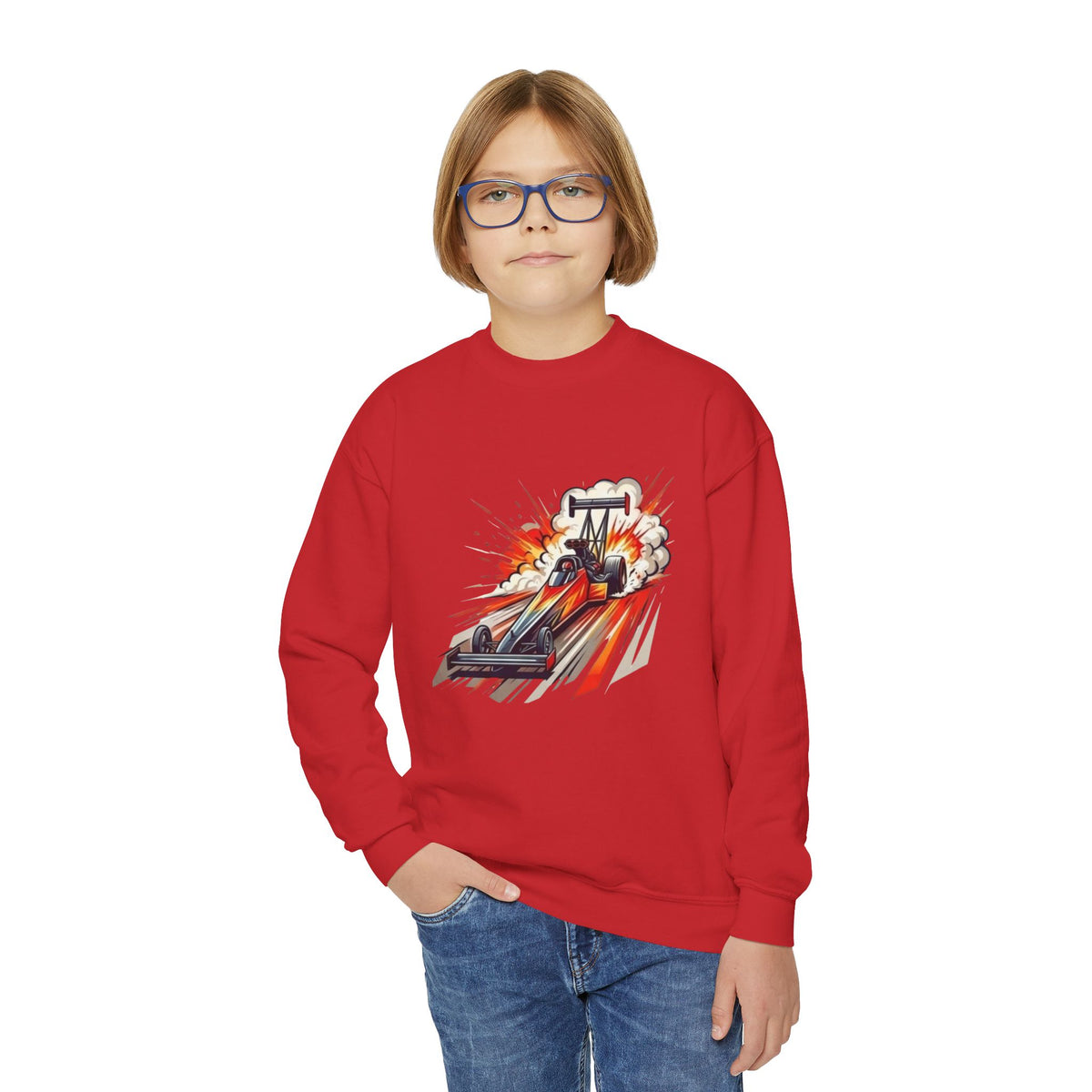 Dragster Race Car Youth Crewneck Sweatshirt | Drag Racing Graphic