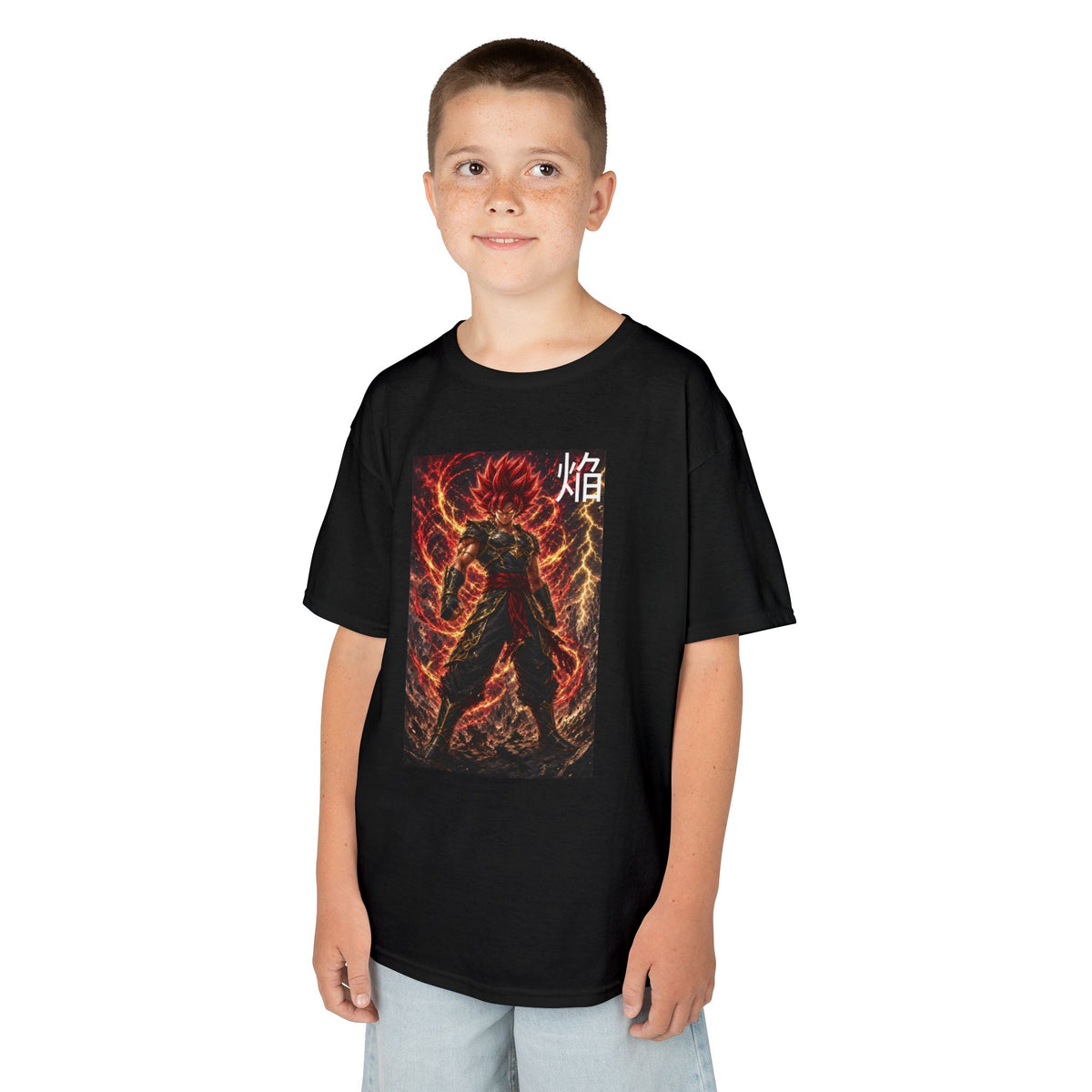 Volcanic Crimson Tee, Flame Kanji Magma Warrior Youth Shirt, Elemental Fire Fighter Graphic Kids Playwear Clothing