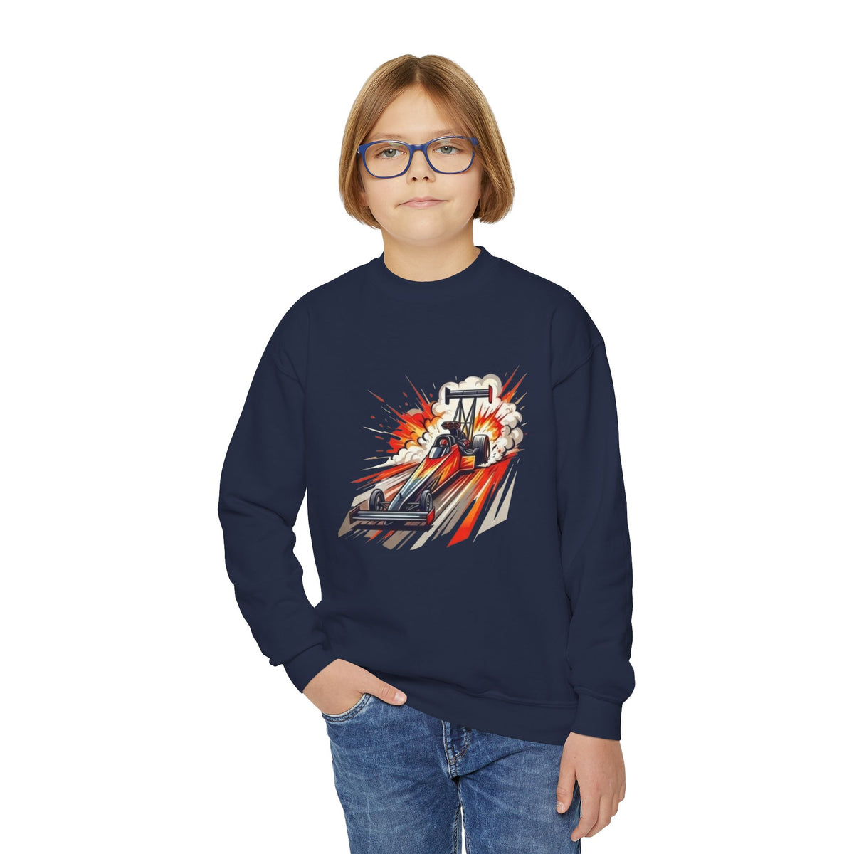 Dragster Race Car Youth Crewneck Sweatshirt | Drag Racing Graphic