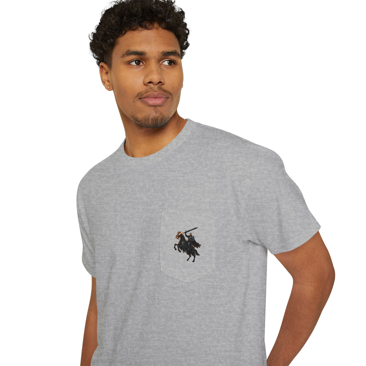 Front Pocket Emblem T-Shirt, Full Color Back Print Dark Knight Tee, Double Sided Medieval Undead Warrior Apparel