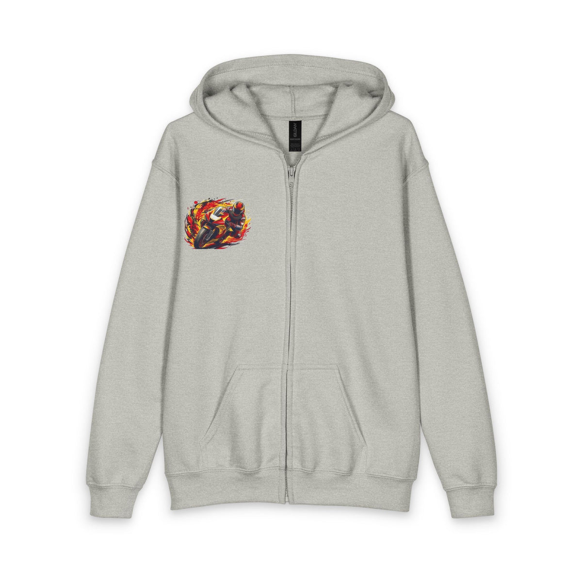 Flaming Motorcycle Rider Youth Hoodie | Zipped Red Hooded Sweatshirt