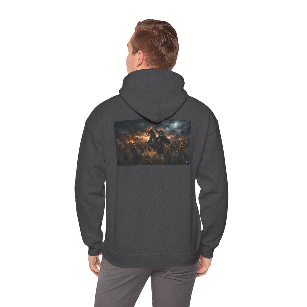 Minimalist Silhouette Front Hoodie, Full Color Back Battle Scene Sweatshirt, Double Sided Gothic Heavyweight Pullover Apparel