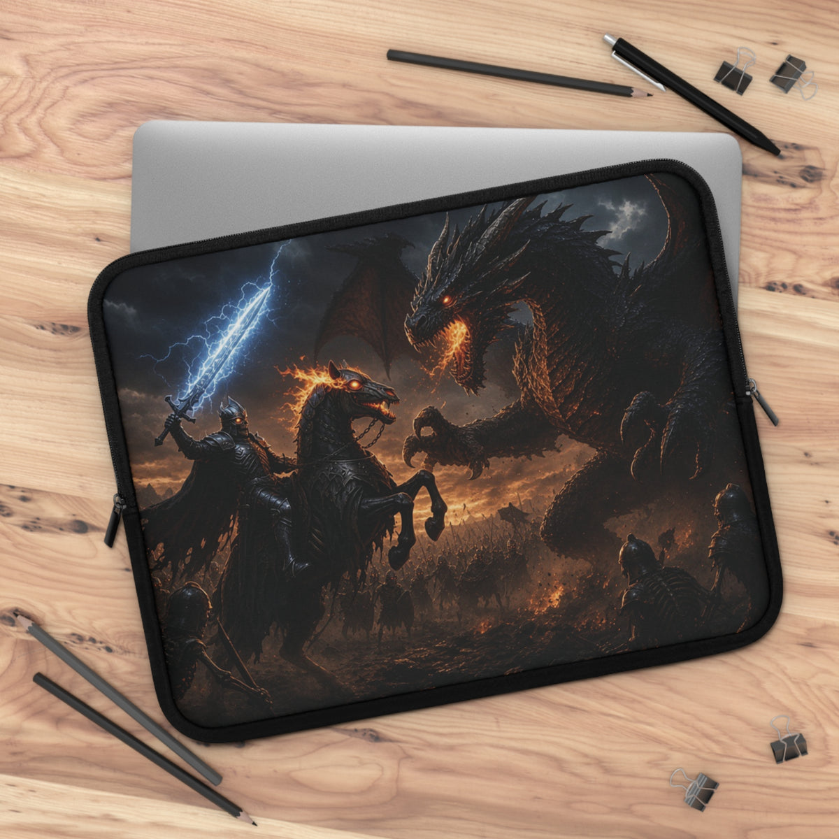 Rearing Hellhound Rider Laptop Sleeve, Lightning Sword vs Ancient Dragon Computer Case, Dark Fantasy RPG Boss Fight Tech Cover