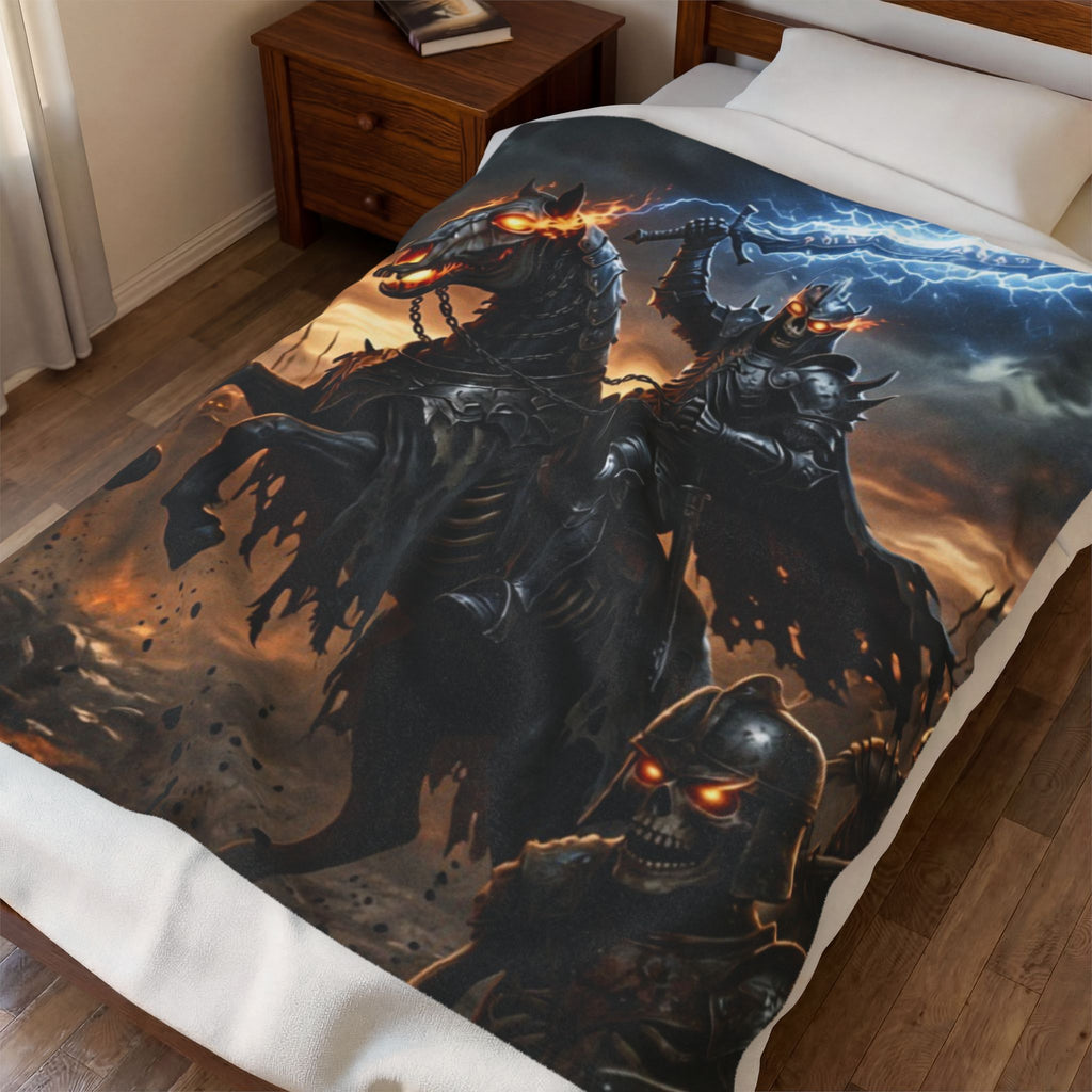 Rune Lit Blade Blanket, Velveteen Plush Dark Fantasy Throw, Armored Skeleton Warlord Cozy Fleece Bedding