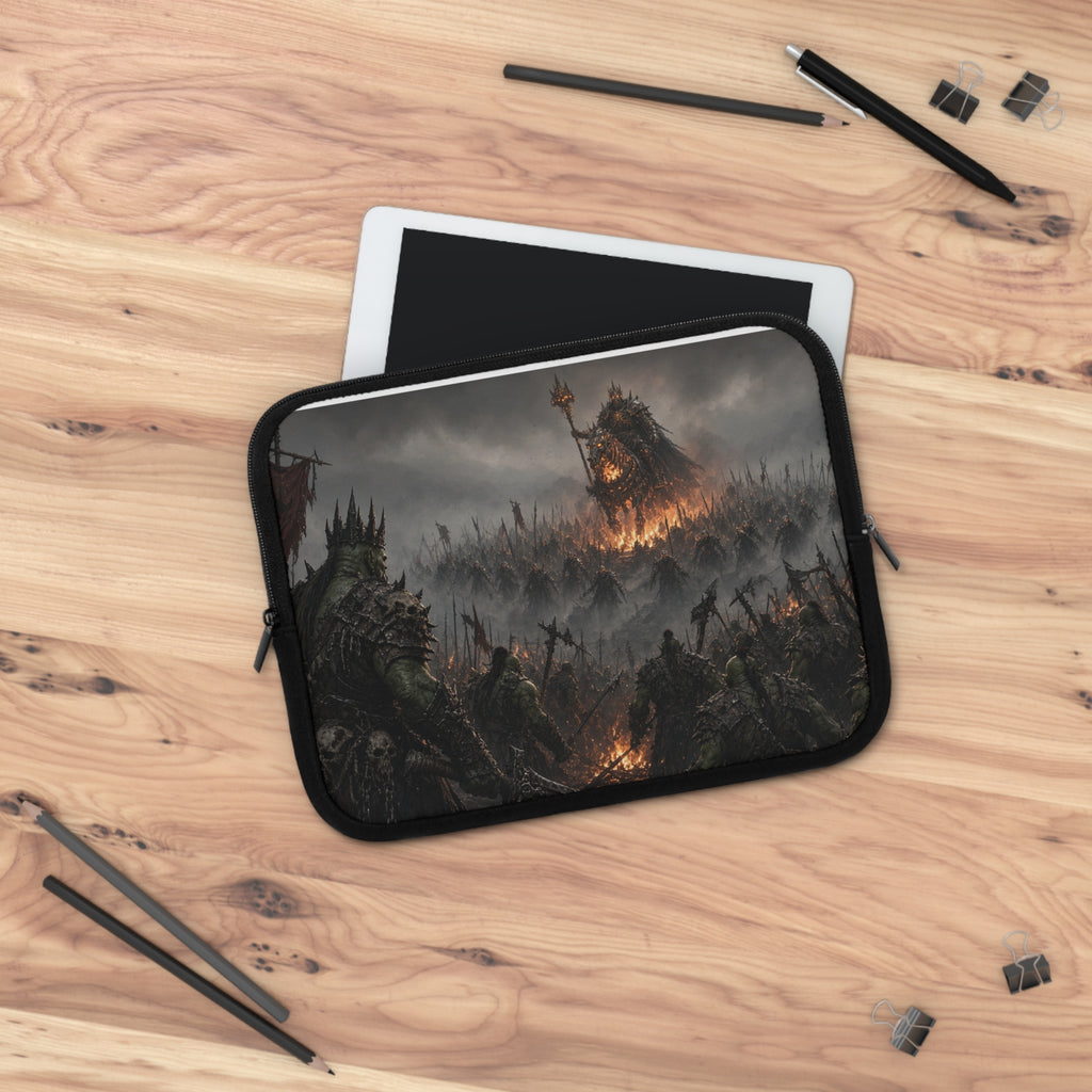 Spiked Crown Warlord Laptop Sleeve, Flaming Banner Orc Army Computer Case, Dark Fantasy Tabletop RPG Tactical Notebook Cover