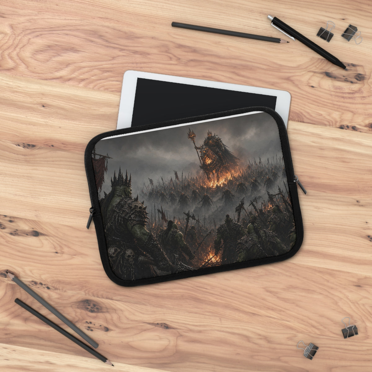 Spiked Crown Warlord Laptop Sleeve, Flaming Banner Orc Army Computer Case, Dark Fantasy Tabletop RPG Tactical Notebook Cover