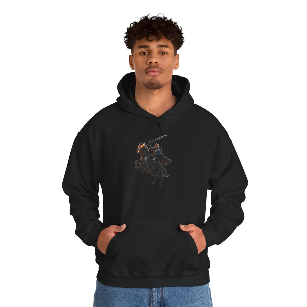 Minimalist Silhouette Front Hoodie, Full Color Back Battle Scene Sweatshirt, Double Sided Gothic Heavyweight Pullover Apparel