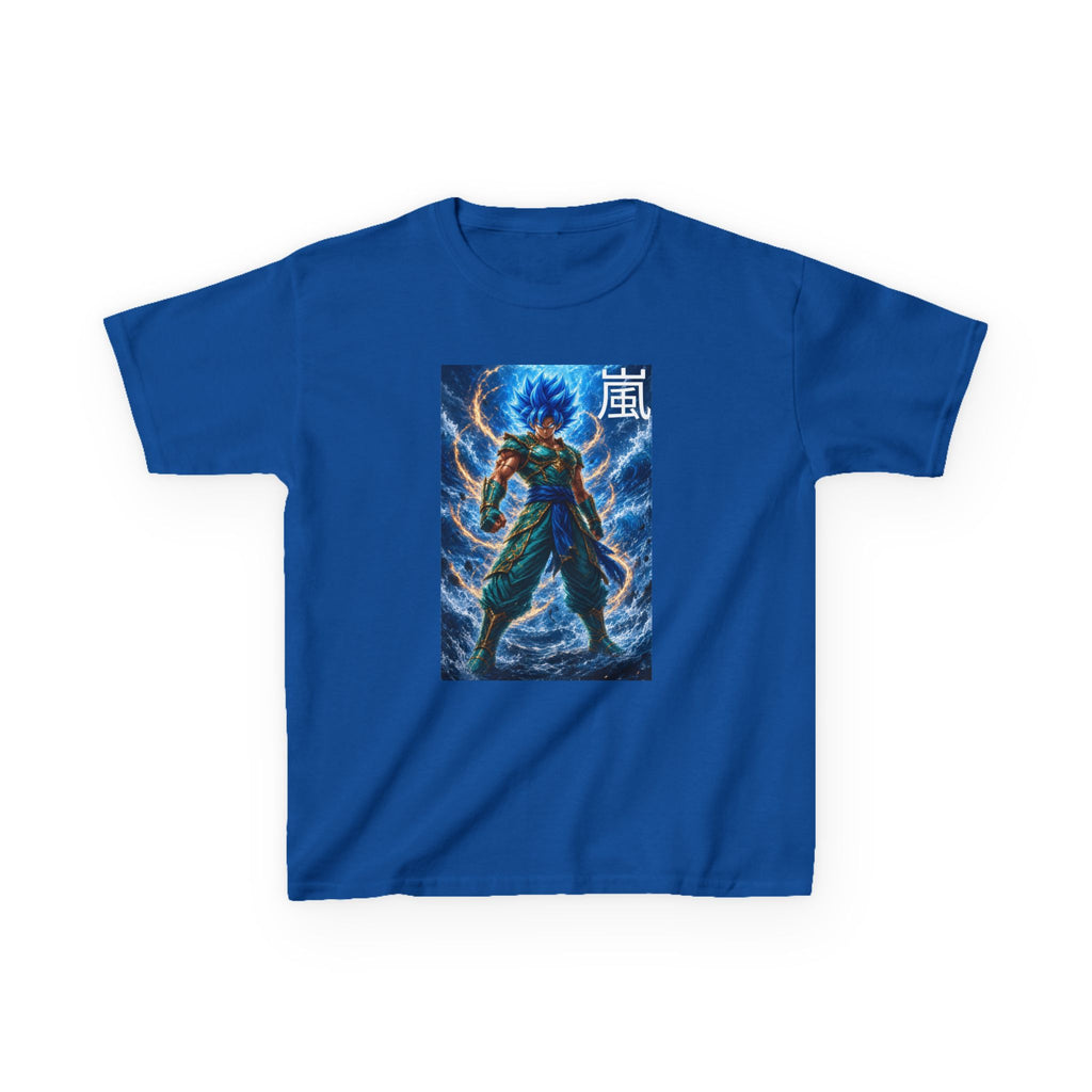 Kinetic Lightning Tee, Storm Kanji Blue Warrior Youth Shirt, Elemental Electric Fighter Graphic Kids Playwear Clothing