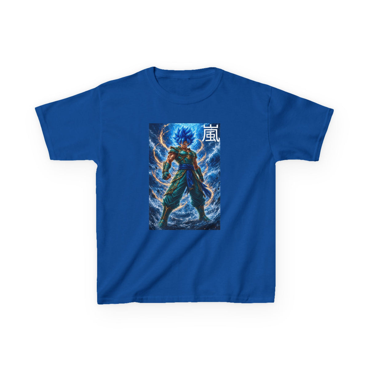 Kinetic Lightning Tee, Storm Kanji Blue Warrior Youth Shirt, Elemental Electric Fighter Graphic Kids Playwear Clothing