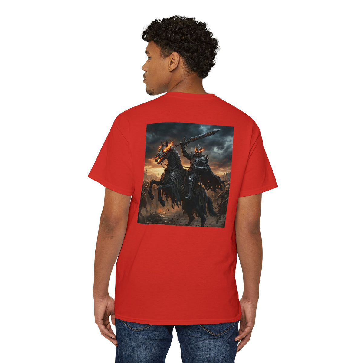 Front Pocket Emblem T-Shirt, Full Color Back Print Dark Knight Tee, Double Sided Medieval Undead Warrior Apparel