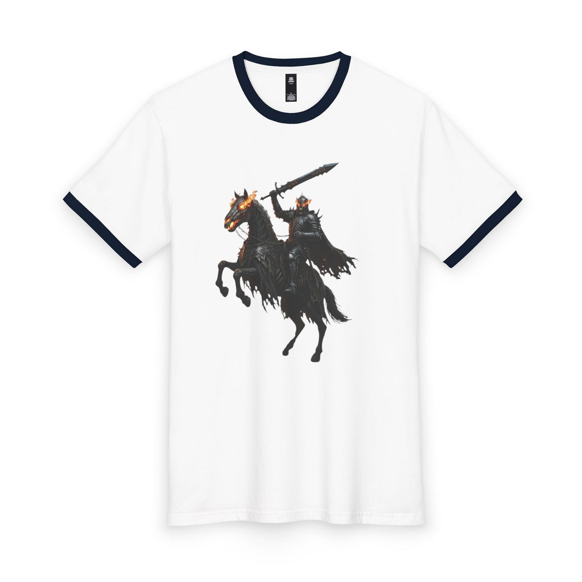 Retro Contrast Ringer Tee, Silhouette Dark Knight Graphic Shirt, Vintage Rock Style Medieval Undead Cavalry Apparel