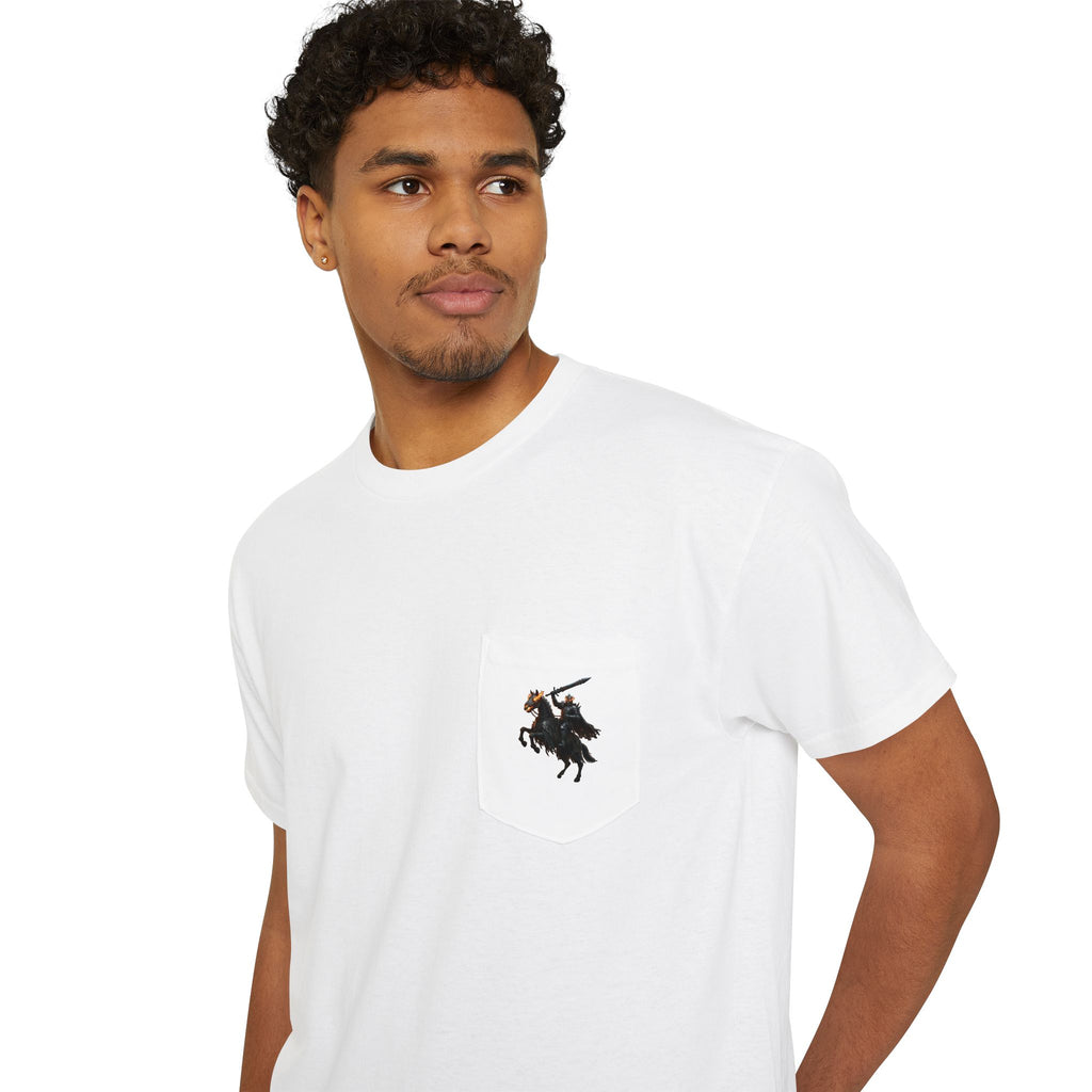 Front Pocket Emblem T-Shirt, Full Color Back Print Dark Knight Tee, Double Sided Medieval Undead Warrior Apparel