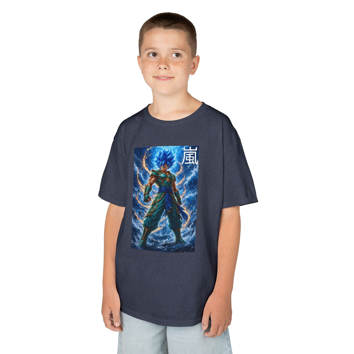 Kinetic Lightning Tee, Storm Kanji Blue Warrior Youth Shirt, Elemental Electric Fighter Graphic Kids Playwear Clothing