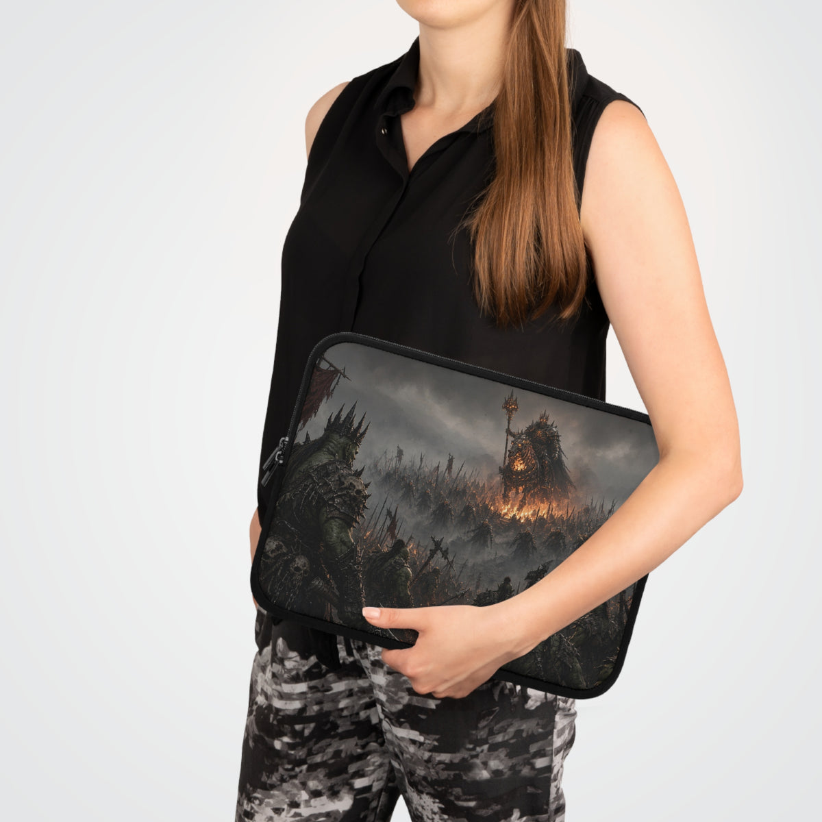 Spiked Crown Warlord Laptop Sleeve, Flaming Banner Orc Army Computer Case, Dark Fantasy Tabletop RPG Tactical Notebook Cover