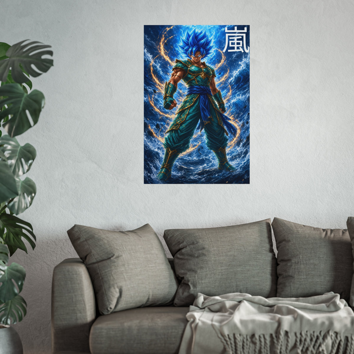 Storm Kanji Poster, Electric Blue Aura Anime Art Print, Vertical Elemental Lightning Fighter Giclee Wall Decor