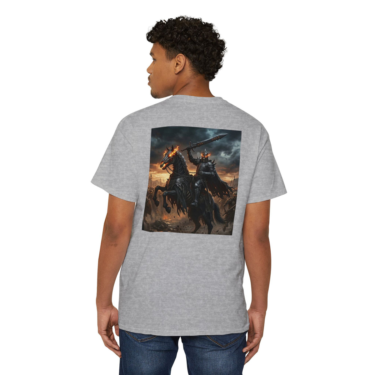 Front Pocket Emblem T-Shirt, Full Color Back Print Dark Knight Tee, Double Sided Medieval Undead Warrior Apparel
