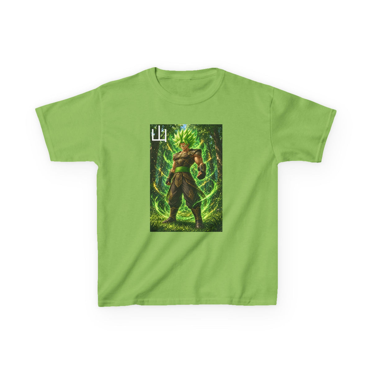 Emerald Forest Tee, Mountain Kanji Green Warrior Youth Shirt, Elemental Earth Fighter Graphic Kids Playwear Clothing