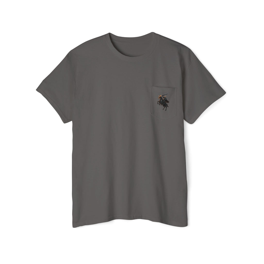 Front Pocket Emblem T-Shirt, Full Color Back Print Dark Knight Tee, Double Sided Medieval Undead Warrior Apparel