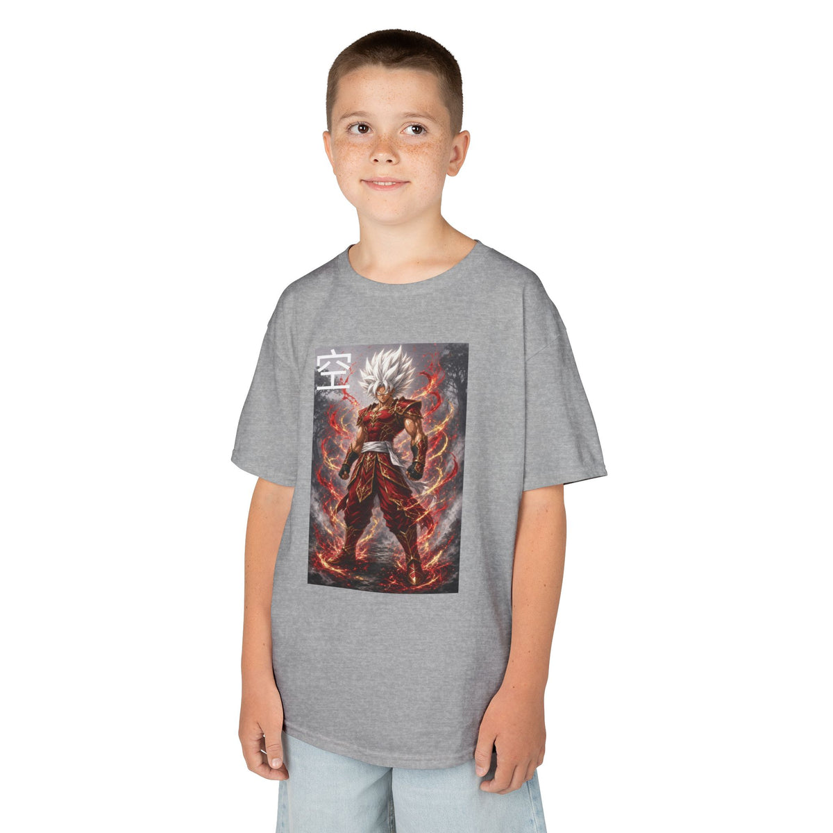 Kids Anime T-Shirt, Sky Kanji White Hair Warrior Youth Shirt, Elemental God Mode Fighter Graphic Boy Girl Clothes