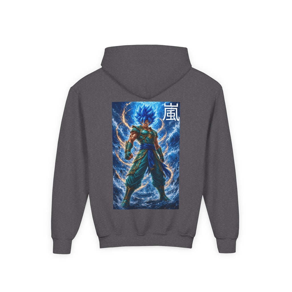 Electric Lightning Warrior Hoodie, Storm Kanji Anime Kids Pullover, Front Minimal Chest Text Back Print Elemental Graphic Youth Sweatshirt