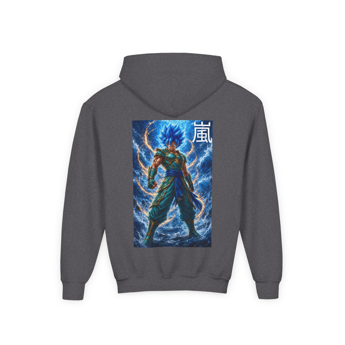 Electric Lightning Warrior Hoodie, Storm Kanji Anime Kids Pullover, Front Minimal Chest Text Back Print Elemental Graphic Youth Sweatshirt
