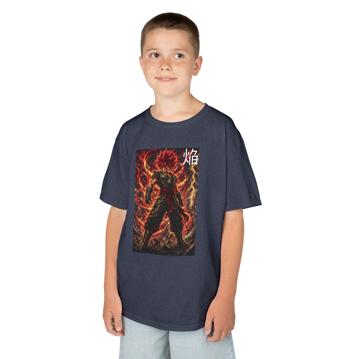 Volcanic Crimson Tee, Flame Kanji Magma Warrior Youth Shirt, Elemental Fire Fighter Graphic Kids Playwear Clothing