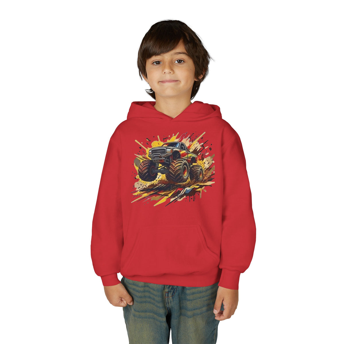 Monster Truck Illustration Youth Hoodie | Racing Mud Splash Graphic