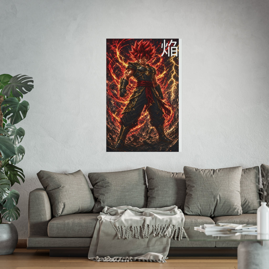 Flame Kanji Poster, Crimson Magma Aura Anime Art Print, Vertical Elemental Fire Fighter Giclee Wall Decor