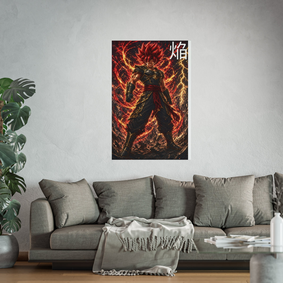 Flame Kanji Poster, Crimson Magma Aura Anime Art Print, Vertical Elemental Fire Fighter Giclee Wall Decor