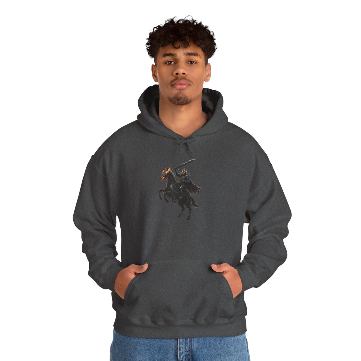 Minimalist Silhouette Front Hoodie, Full Color Back Battle Scene Sweatshirt, Double Sided Gothic Heavyweight Pullover Apparel