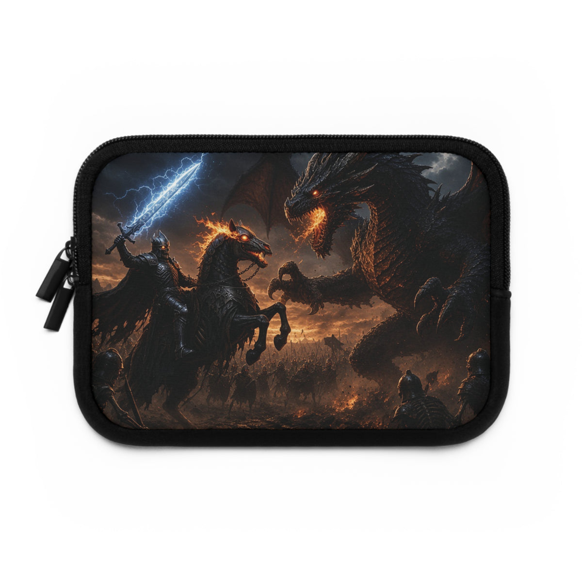 Rearing Hellhound Rider Laptop Sleeve, Lightning Sword vs Ancient Dragon Computer Case, Dark Fantasy RPG Boss Fight Tech Cover
