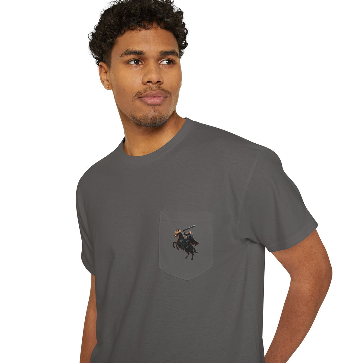 Front Pocket Emblem T-Shirt, Full Color Back Print Dark Knight Tee, Double Sided Medieval Undead Warrior Apparel