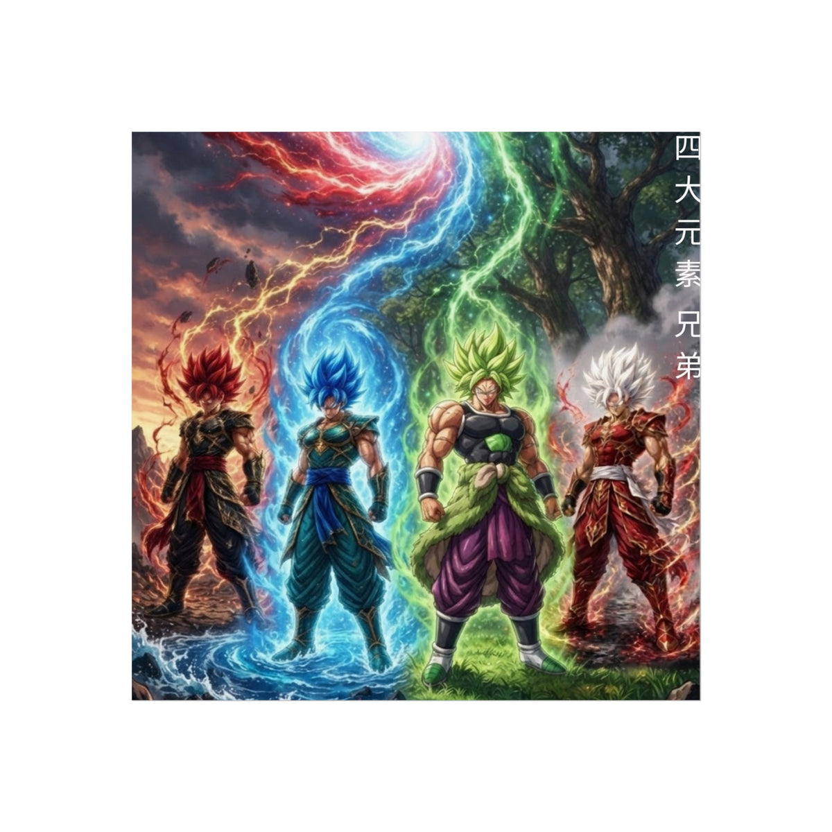 Square Panoramic Poster, Four Elemental Brothers Anime Art Print, Multi Character Canvas Style Giclee Wall Decor