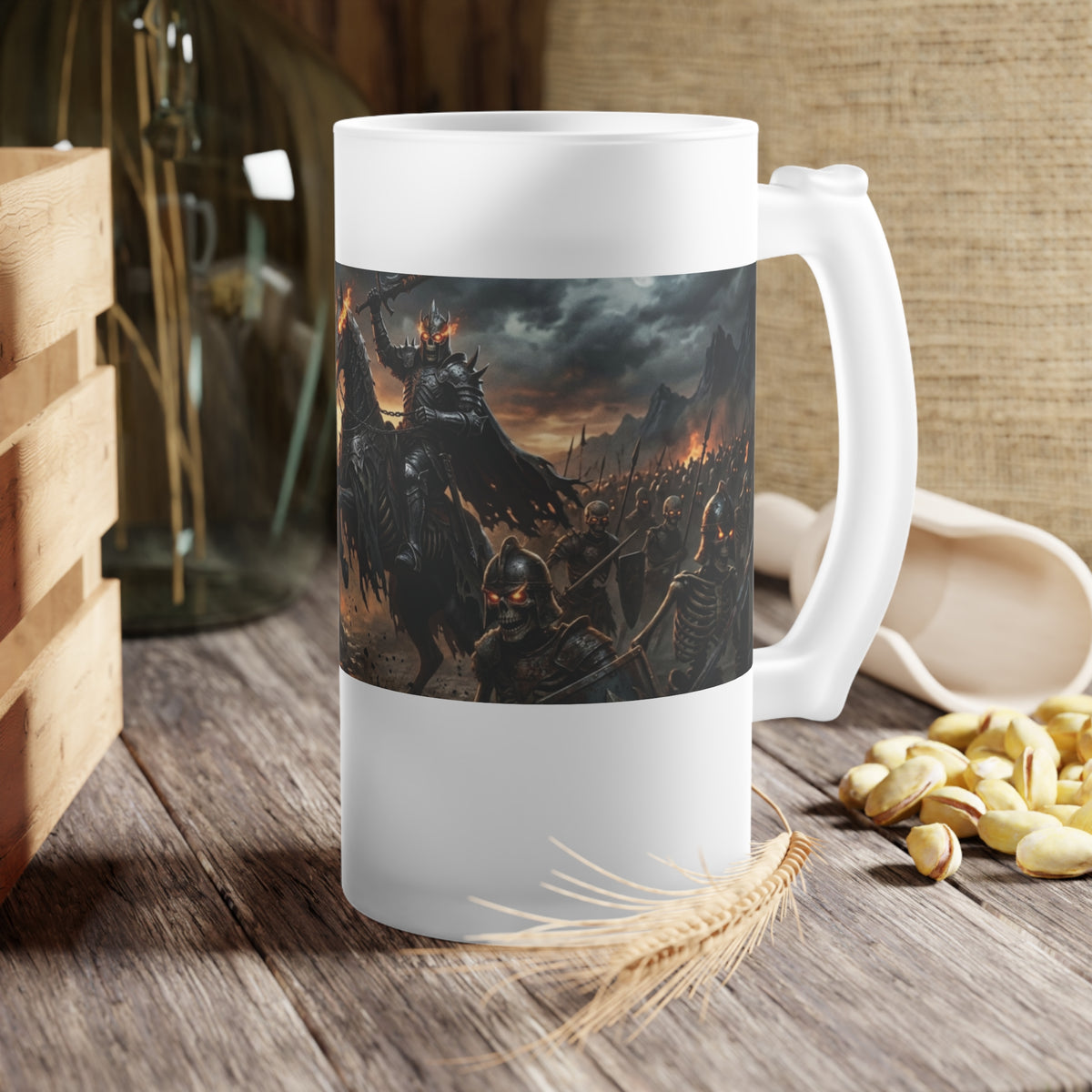 Frosted Glass Tankard, Spectral Cavalry Beer Mug, 16oz Dark Fantasy Tabletop RPG Gaming Tavern Drinkware