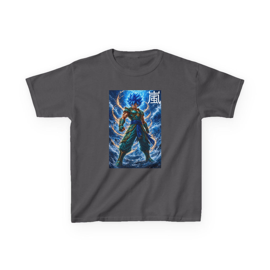Kinetic Lightning Tee, Storm Kanji Blue Warrior Youth Shirt, Elemental Electric Fighter Graphic Kids Playwear Clothing