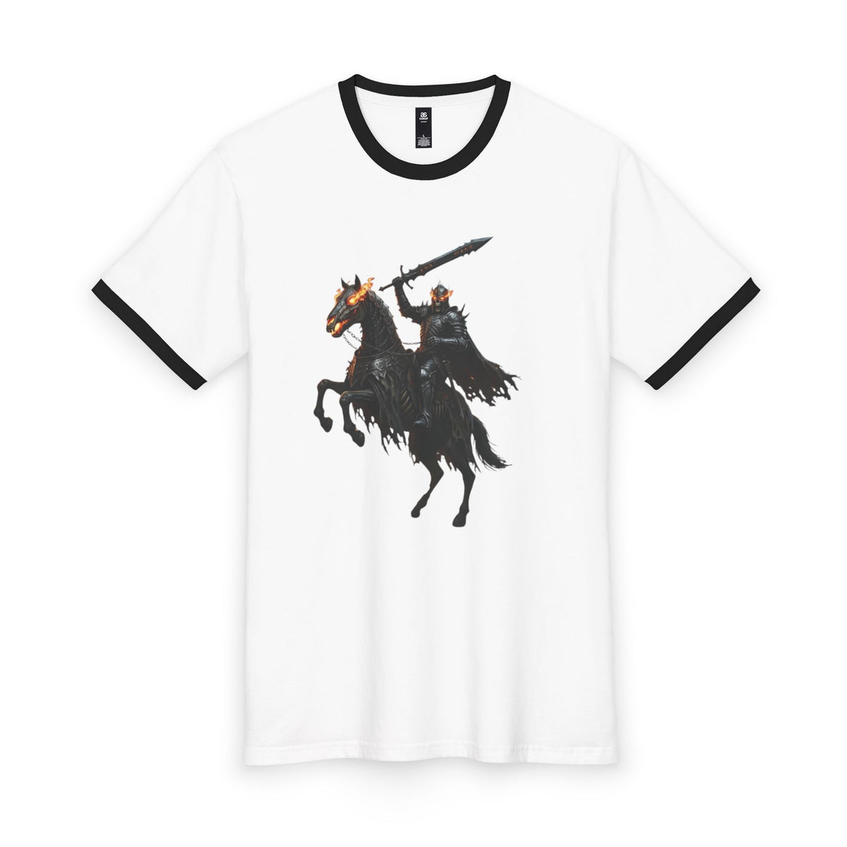 Retro Contrast Ringer Tee, Silhouette Dark Knight Graphic Shirt, Vintage Rock Style Medieval Undead Cavalry Apparel