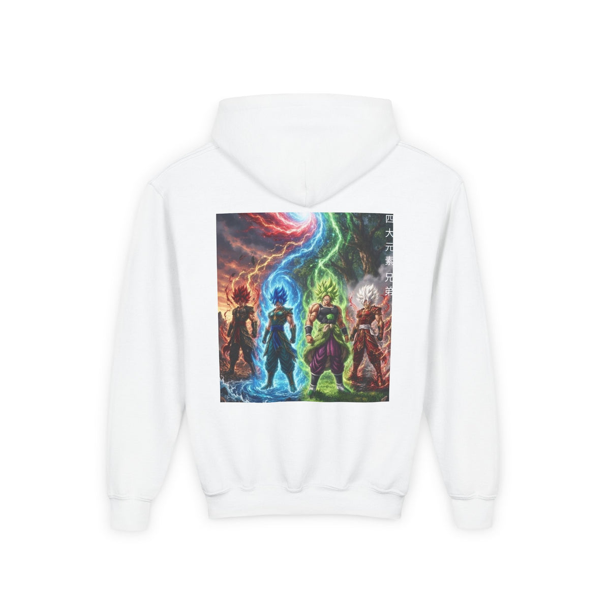 Multi Color Variant Hoodie, Four Elemental Brothers Kids Pullover, Front Kanji Back Print Anime Graphic Youth Sweatshirt