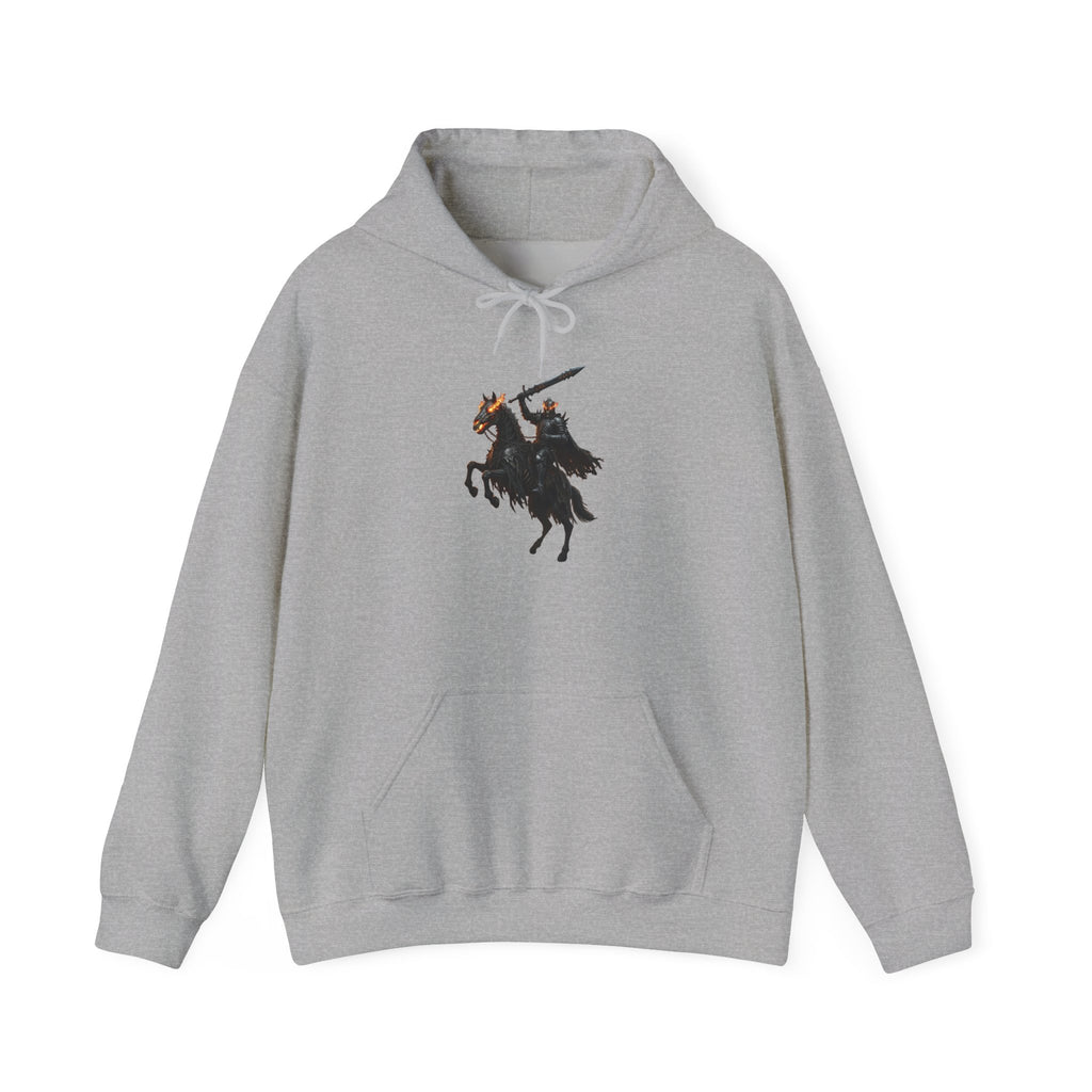 Minimalist Silhouette Front Hoodie, Full Color Back Battle Scene Sweatshirt, Double Sided Gothic Heavyweight Pullover Apparel