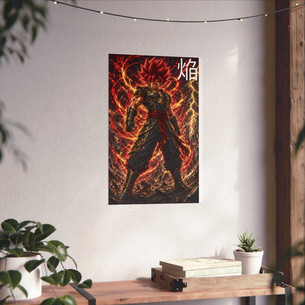 Flame Kanji Poster, Crimson Magma Aura Anime Art Print, Vertical Elemental Fire Fighter Giclee Wall Decor