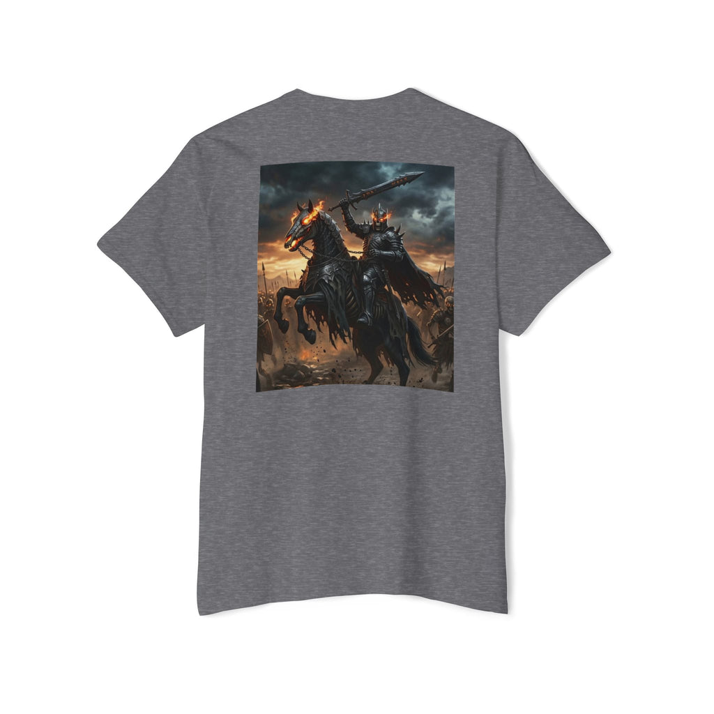 Front Pocket Emblem T-Shirt, Full Color Back Print Dark Knight Tee, Double Sided Medieval Undead Warrior Apparel