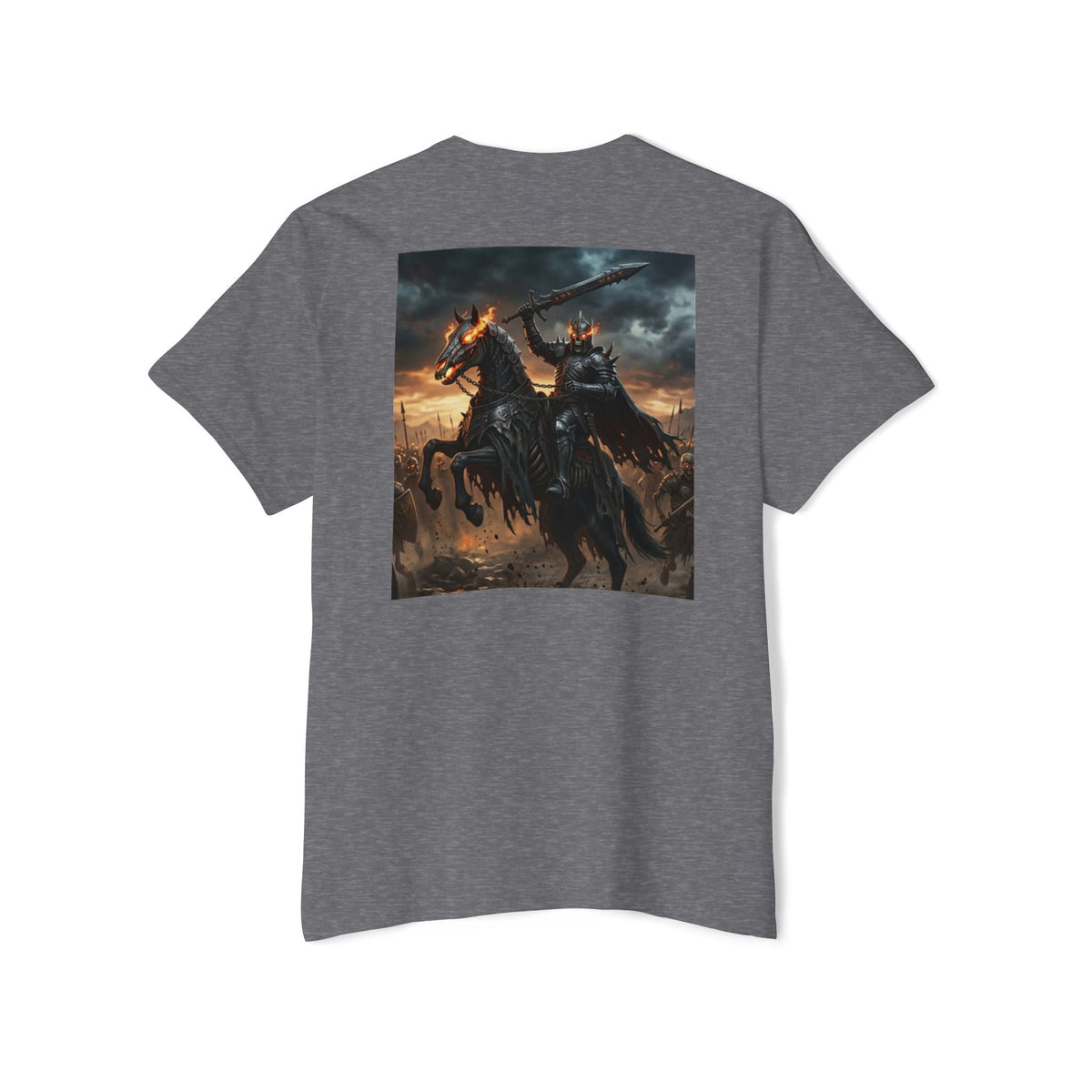 Front Pocket Emblem T-Shirt, Full Color Back Print Dark Knight Tee, Double Sided Medieval Undead Warrior Apparel