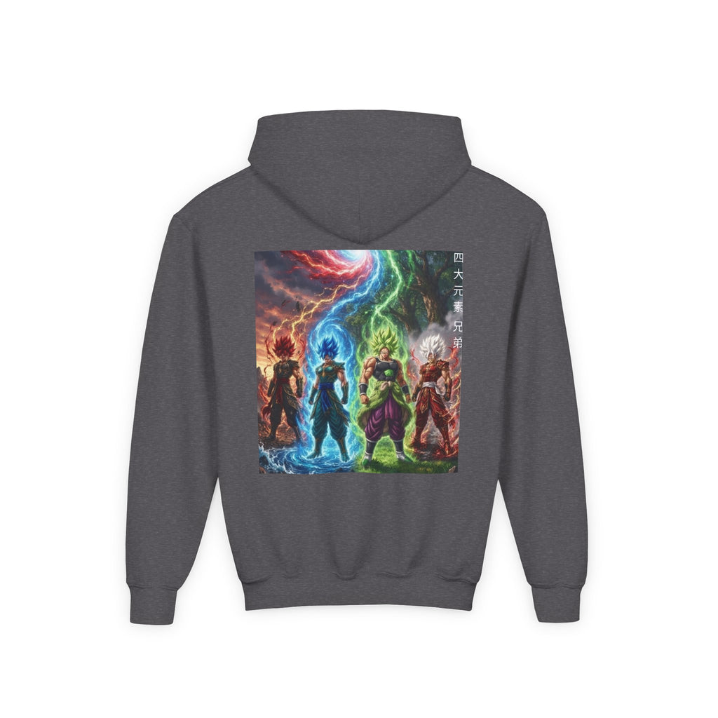 Multi Color Variant Hoodie, Four Elemental Brothers Kids Pullover, Front Kanji Back Print Anime Graphic Youth Sweatshirt