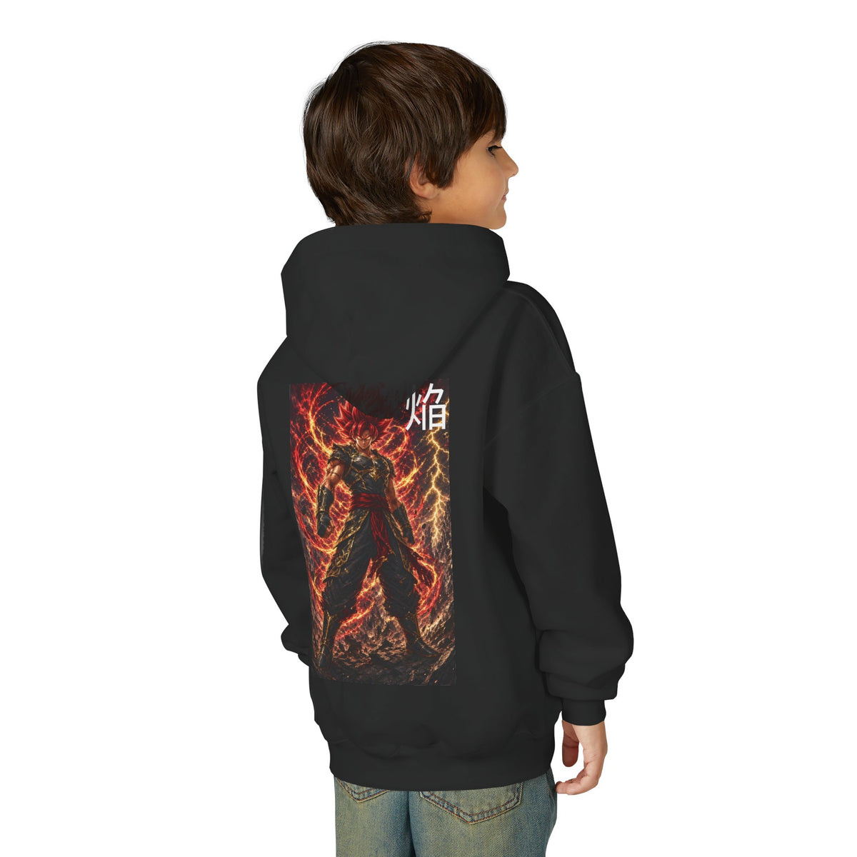 Fiery Crimson Warrior Hoodie, Flame Kanji Anime Kids Pullover, Front Minimal Chest Text Back Print Elemental Graphic Youth Sweatshirt