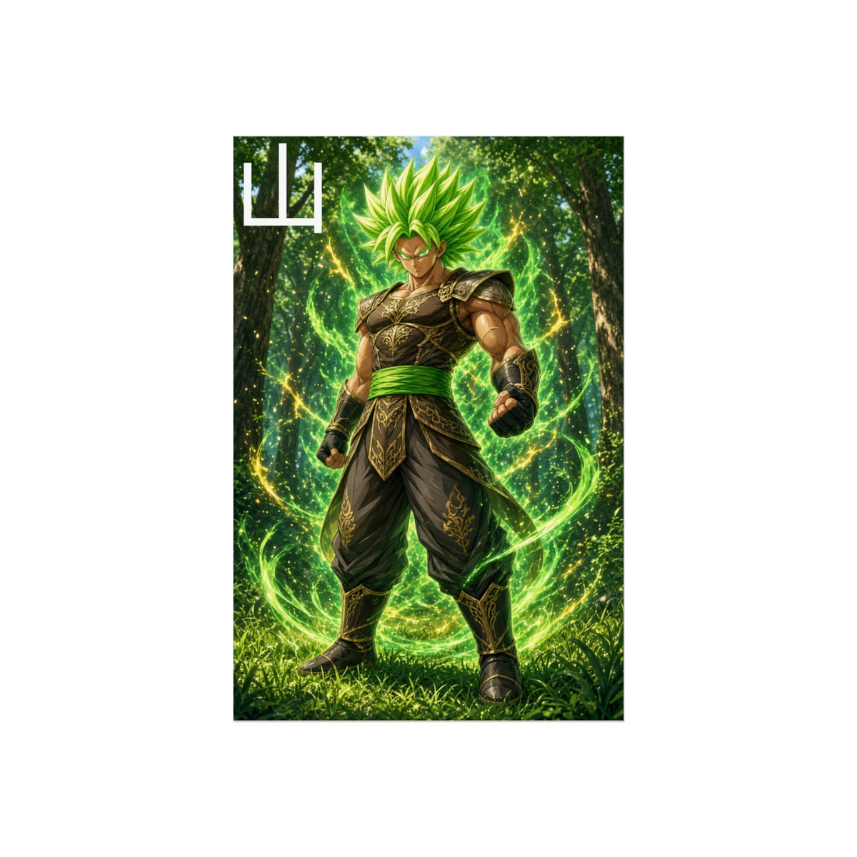 Mountain Kanji Poster, Emerald Green Aura Anime Art Print, Vertical Elemental Forest Fighter Giclee Wall Decor