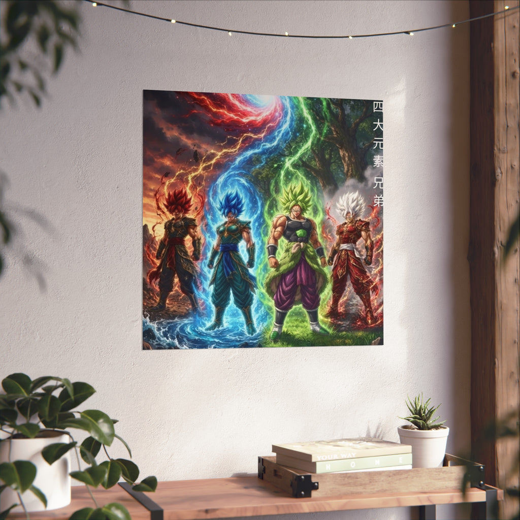 Square Panoramic Poster, Four Elemental Brothers Anime Art Print, Multi Character Canvas Style Giclee Wall Decor