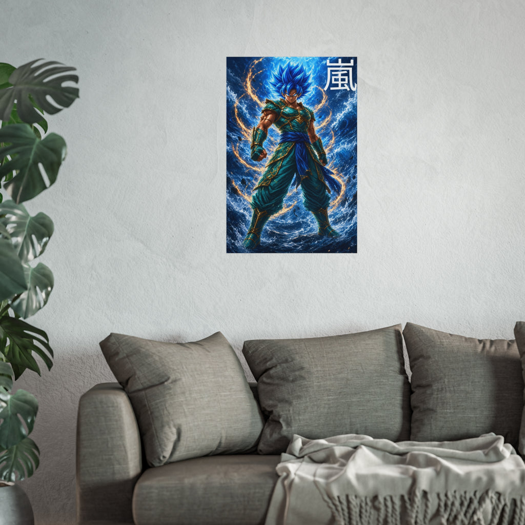 Storm Kanji Poster, Electric Blue Aura Anime Art Print, Vertical Elemental Lightning Fighter Giclee Wall Decor