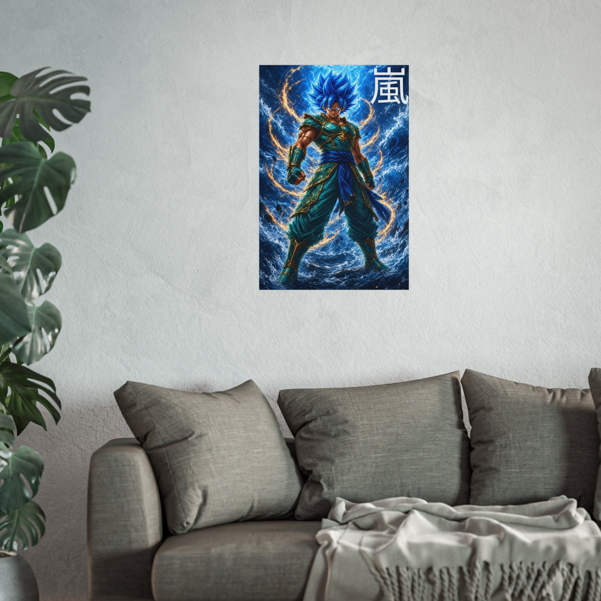 Storm Kanji Poster, Electric Blue Aura Anime Art Print, Vertical Elemental Lightning Fighter Giclee Wall Decor