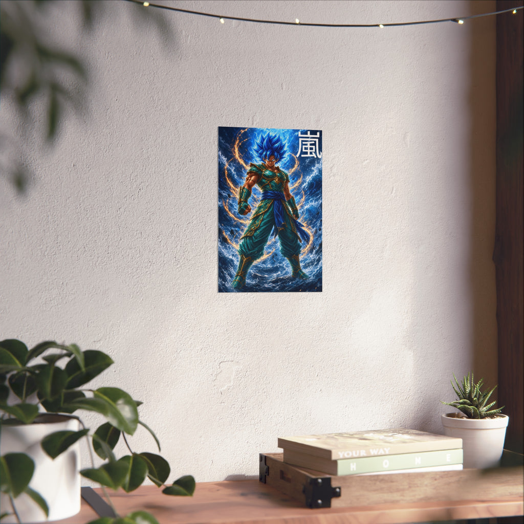 Storm Kanji Poster, Electric Blue Aura Anime Art Print, Vertical Elemental Lightning Fighter Giclee Wall Decor